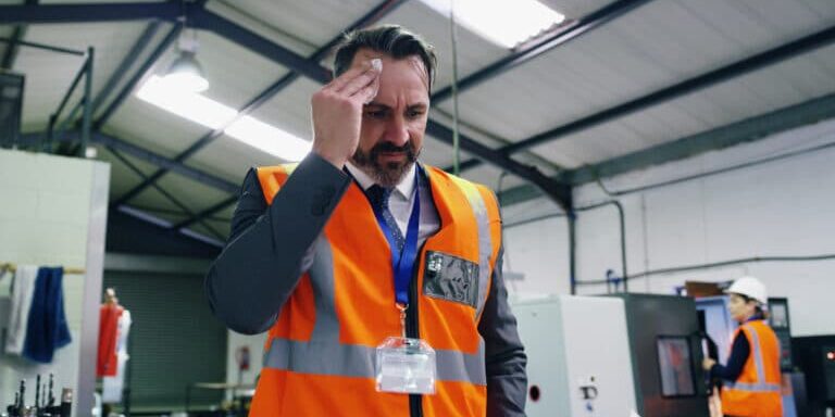 Shot of a mature engineer looking anxious while working in an industrial place of work