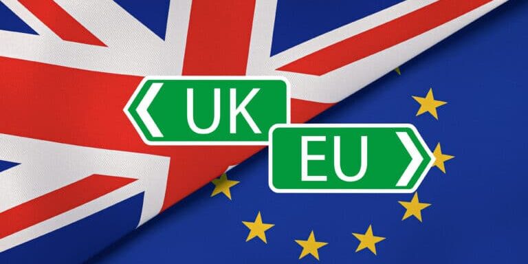 Brexit. EU and UK flags, breaking news background. High quality 3d illustration